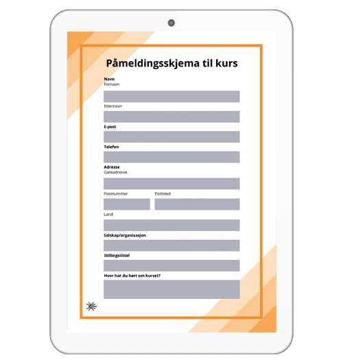 iPad som viser et påmeldingsskjema til kurs med felter for navn, kontaktinformasjon og stillingstittel.