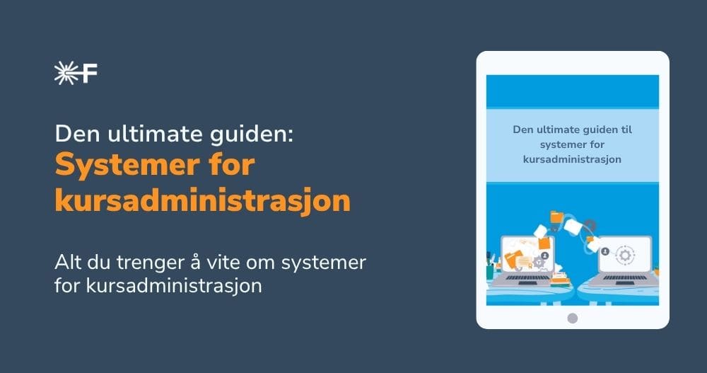 Forsidebilde for guide om systemer for kursadministrasjon. Viser tittel og illustrasjon av to laptoper på et nettbrett.