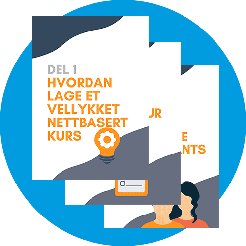 Illustrasjon av en guide med tittelen "Del 1: Hvordan lage et vellykket nettbasert kurs". Forsiden viser en lyspære med tannhjul og ikoner for kurs og deltakere.