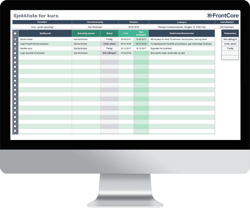 Sjekklistemal for kurs Skjermbilde av en digital sjekkliste for kurs fra FrontCore, vist på en dataskjerm. Sjekklisten inneholder oppgaver, ansvarlige personer, frister og status.