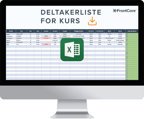 deltakerlistemal i excel Skjermbilde av en deltakerliste for kurs fra FrontCore, vist på en dataskjerm. Midt på vises et Excel-ikon. Øverst står teksten "Deltakerliste for kurs" sammen med en nedlastingssymbol.