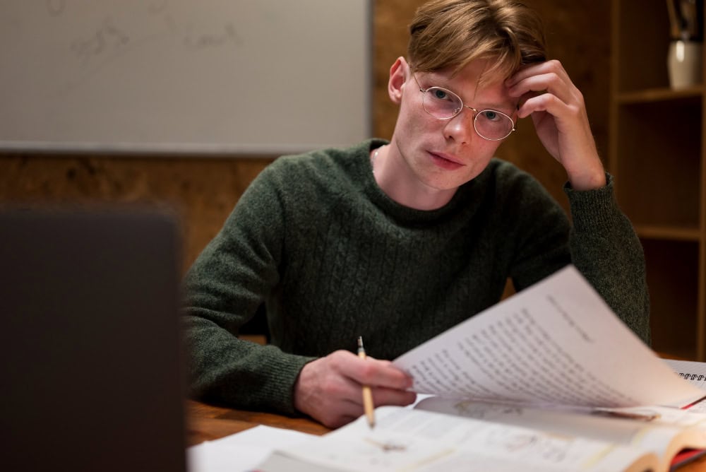 Mann noterer ned noter for å huske informasjon han har lest på maskin og tekstbok
