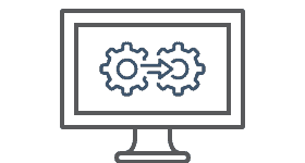 FrontCore-system-integrasjon Systemintegrasjonsikon: to gir med pil på en dataskjerm som viser API-tilkobling og dataflyt.
