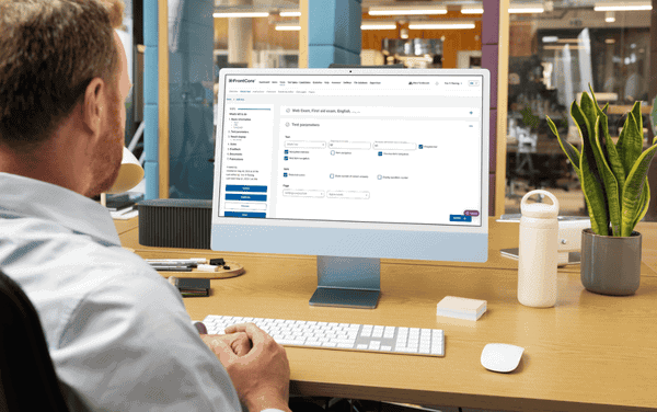 Training administrator managing Webxam digital exam settings in FrontCore TMS